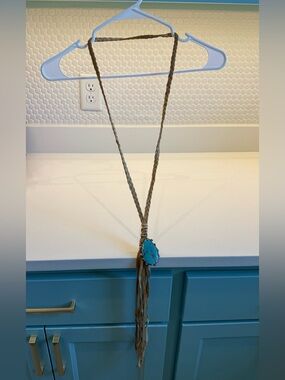 Super Long Boho Braided Leather Tassel Necklace with Turquoise Stone